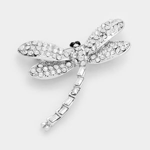 Silver Dragonfly Pin Rhinestone Pave Crystal Brooch Bling Statement Accessory